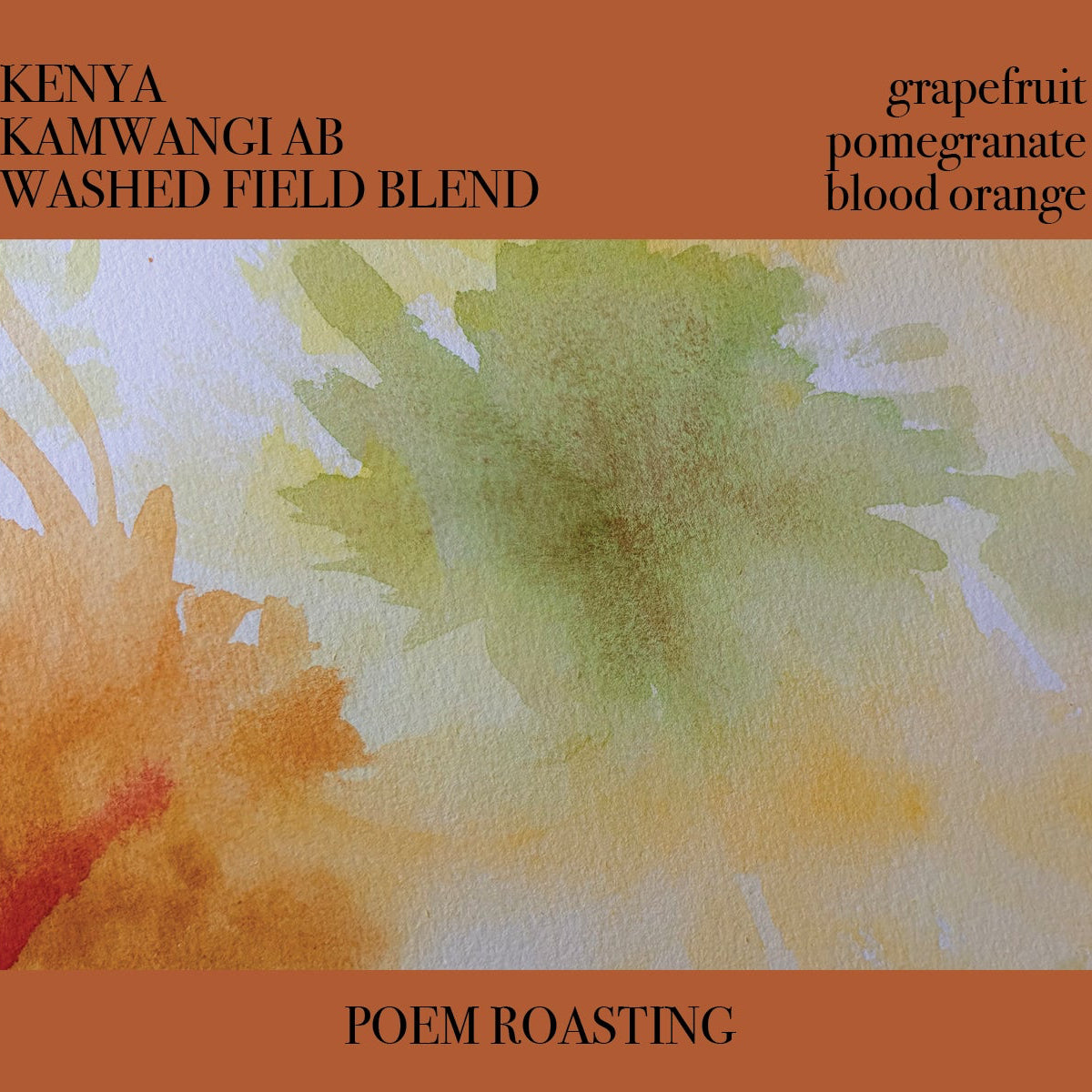 Coffee blend packaging with watercolor design and text on an orange background